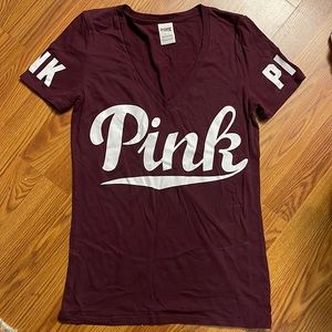 V neck PINK short sleeve shirt, size LARGE, deep burgundy.